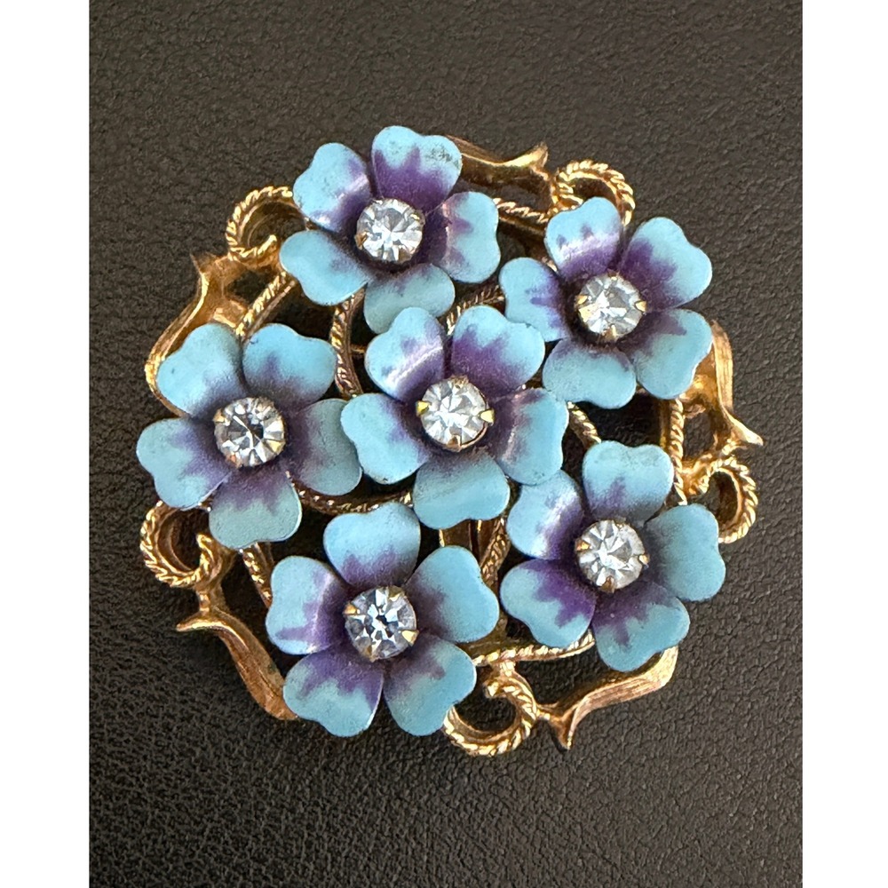 Vintage Avon Brooch Enamel Flower Blue Purple Rhinestone
